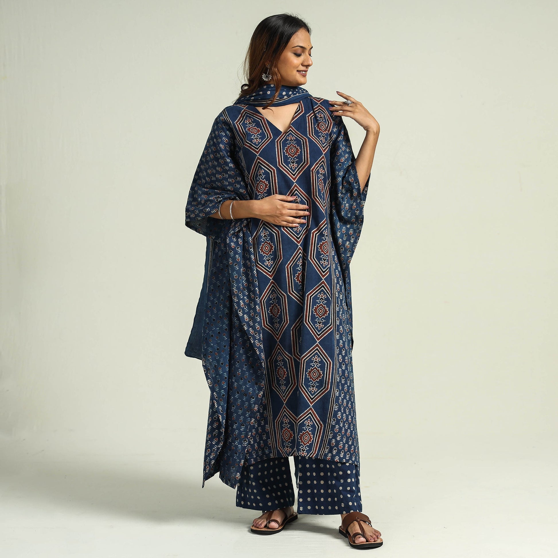 Blue - Ajrakh Block Printed Cotton Kaftan with Palazzo & Dupatta Set