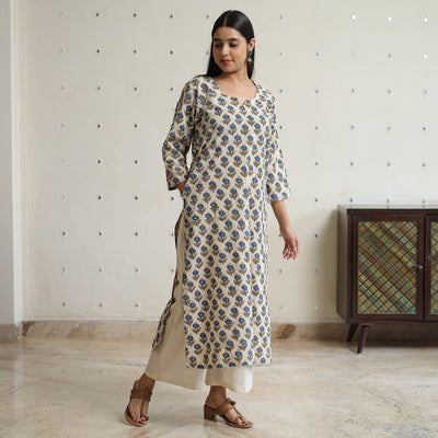 Beige - Ajrakh Block Printed Cotton Long Straight Kurta 45