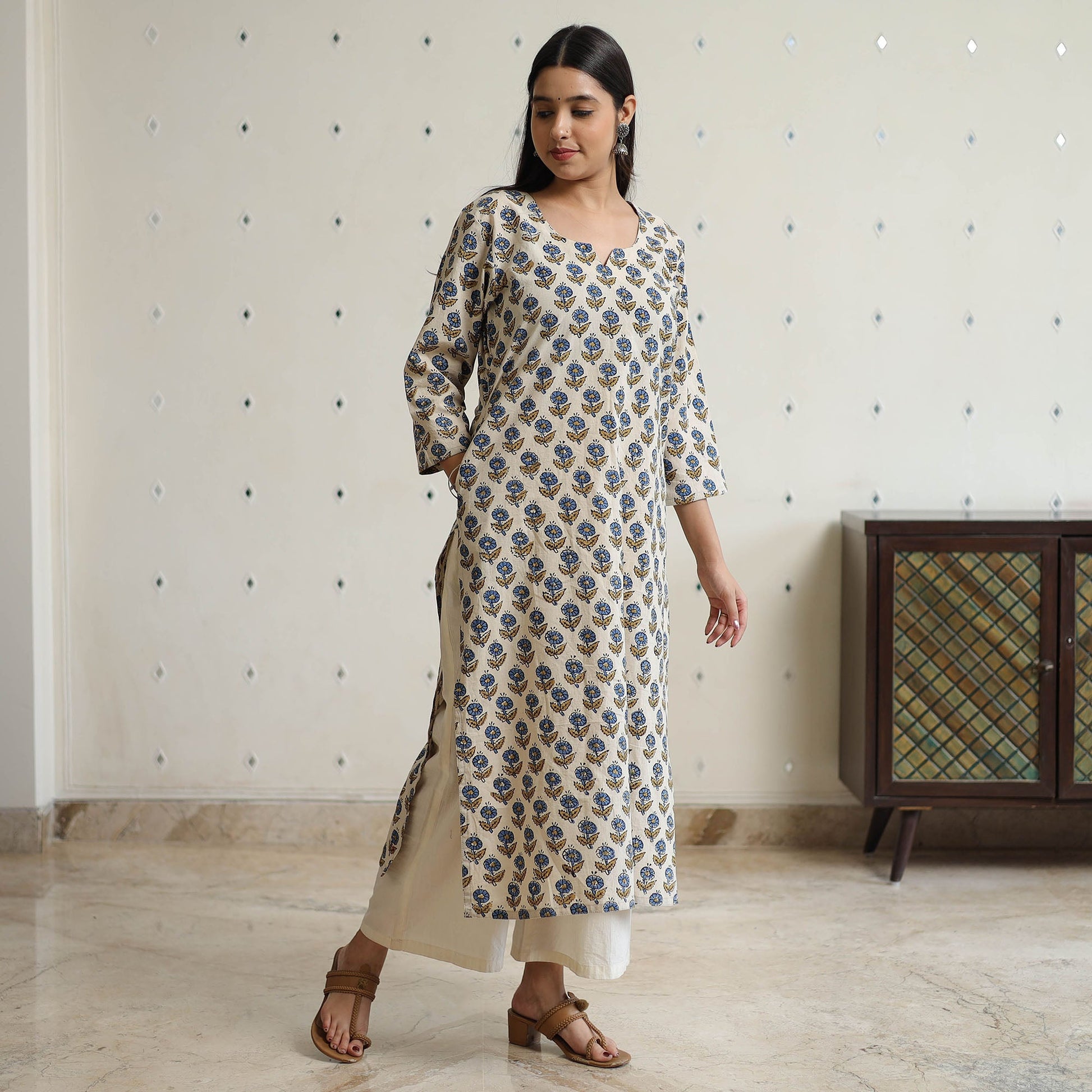 Beige - Ajrakh Block Printed Cotton Long Straight Kurta 45