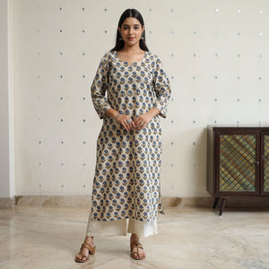 Beige - Ajrakh Block Printed Cotton Long Straight Kurta 45