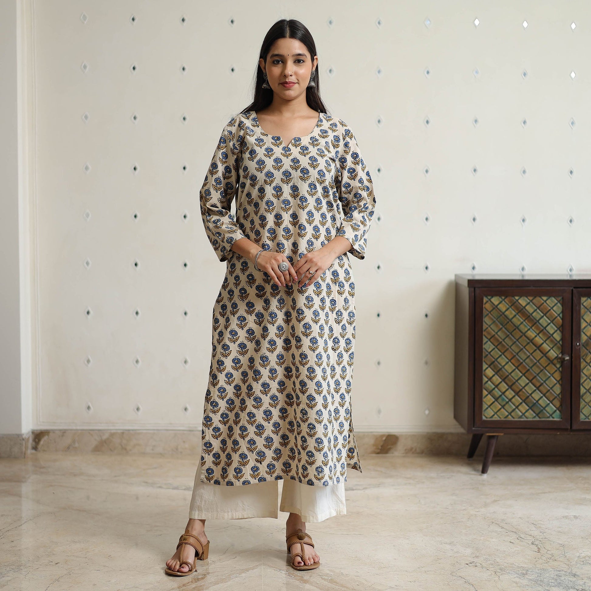 Beige - Ajrakh Block Printed Cotton Long Straight Kurta 45