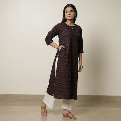 Black - Akola Hand Block Printed Cotton Long Straight Kurta 19