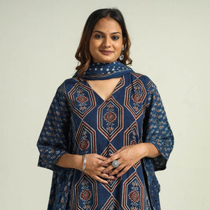 Blue - Ajrakh Block Printed Cotton Kaftan with Palazzo & Dupatta Set