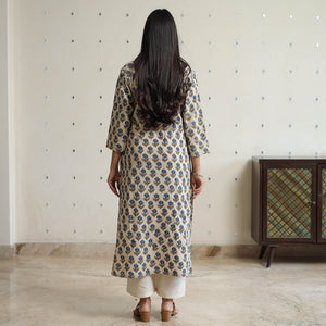 Beige - Ajrakh Block Printed Cotton Long Straight Kurta 45