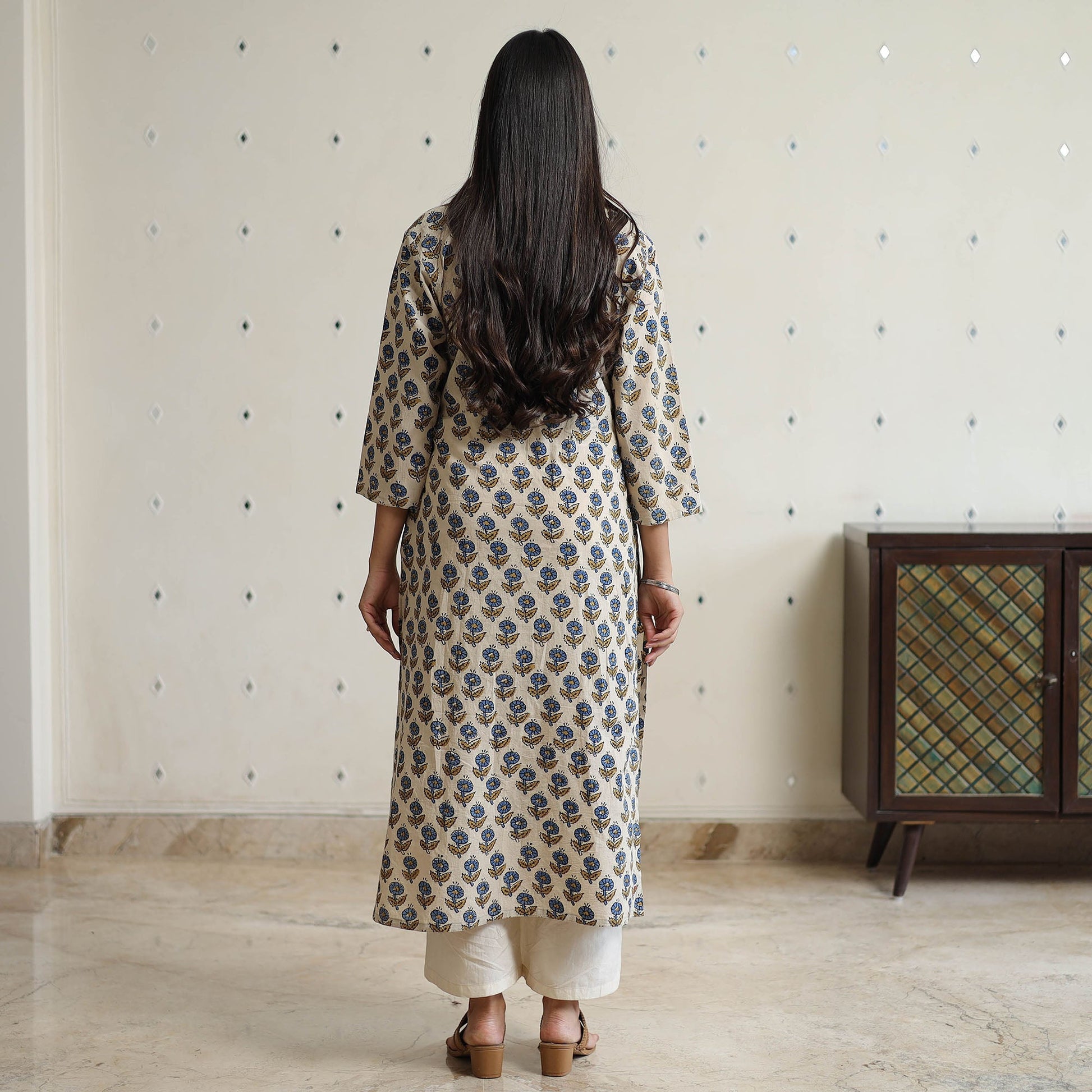 Beige - Ajrakh Block Printed Cotton Long Straight Kurta 45