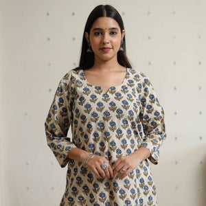 Beige - Ajrakh Block Printed Cotton Long Straight Kurta 45