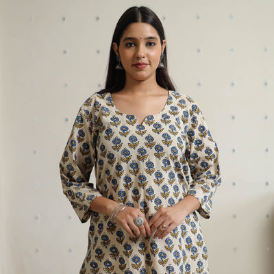 Beige - Ajrakh Block Printed Cotton Long Straight Kurta 45