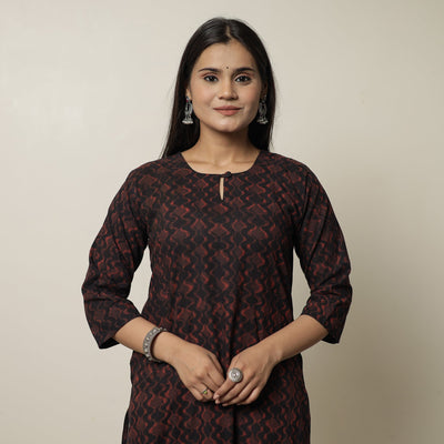 Black - Akola Hand Block Printed Cotton Long Straight Kurta 19