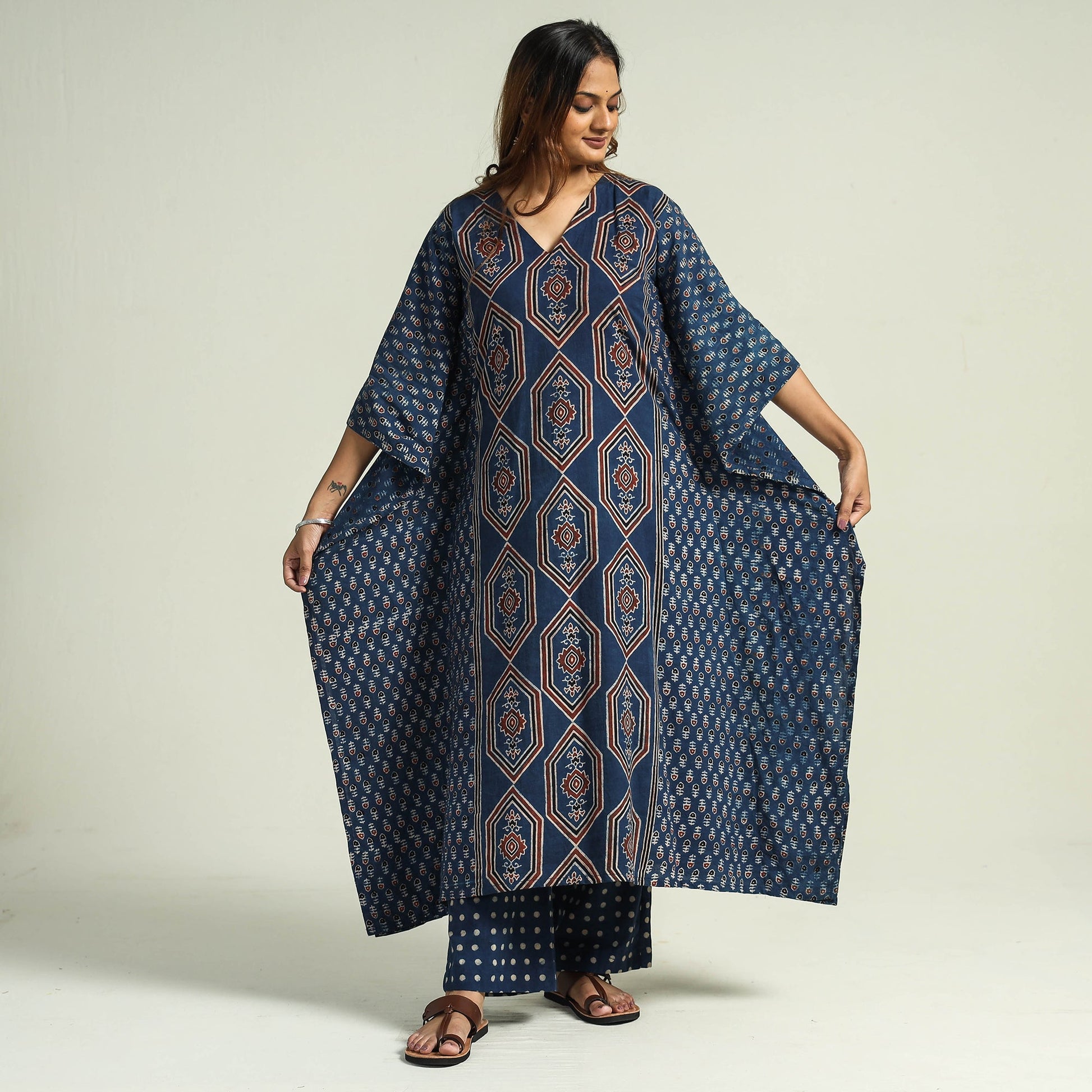 Blue - Ajrakh Block Printed Cotton Kaftan with Palazzo & Dupatta Set