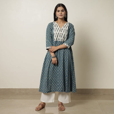 Blue - Akola Hand Block Printed Cotton A-Line Kurta 20