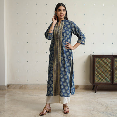 Blue - Ajrakh Block Printed Cotton Straight Kurta with Patch 46