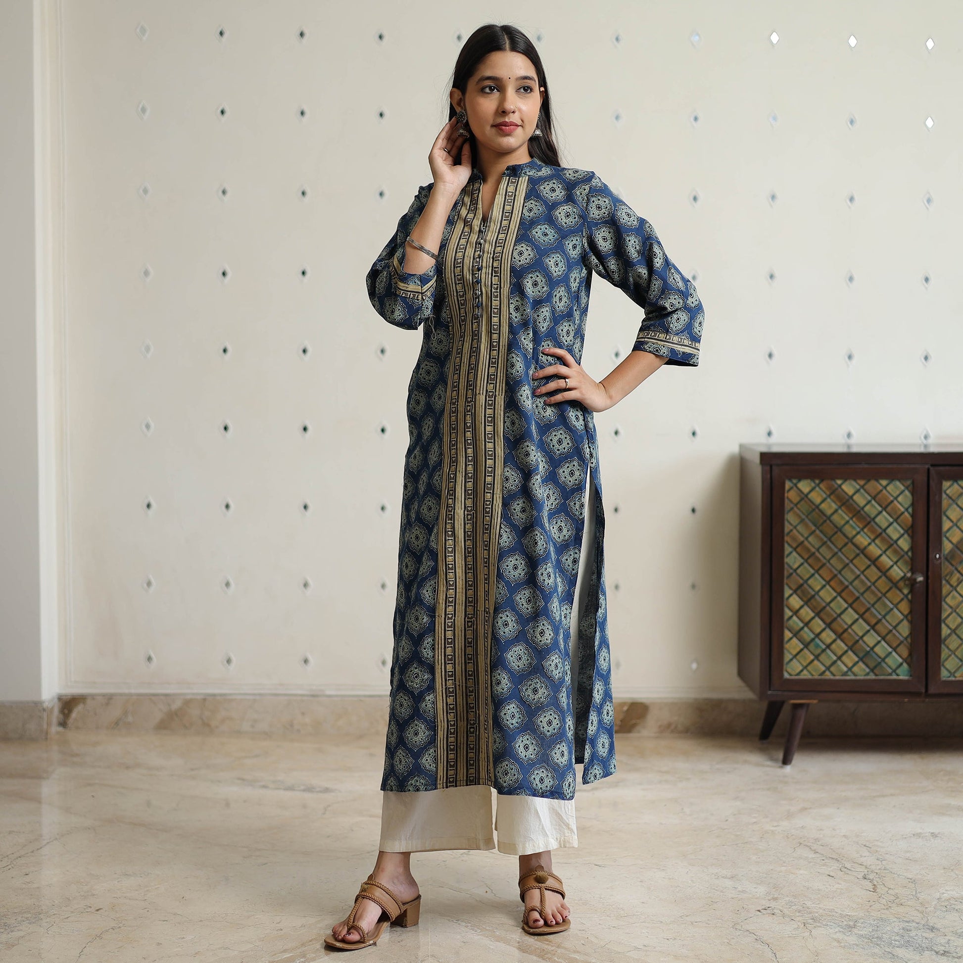 Blue - Ajrakh Block Printed Cotton Straight Kurta with Patch 46