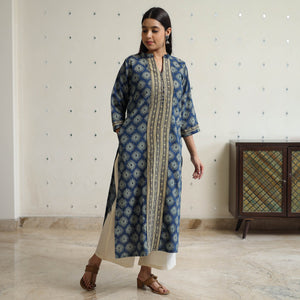 Blue - Ajrakh Block Printed Cotton Straight Kurta with Patch 46