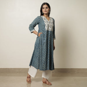 Blue - Akola Hand Block Printed Cotton A-Line Kurta 20