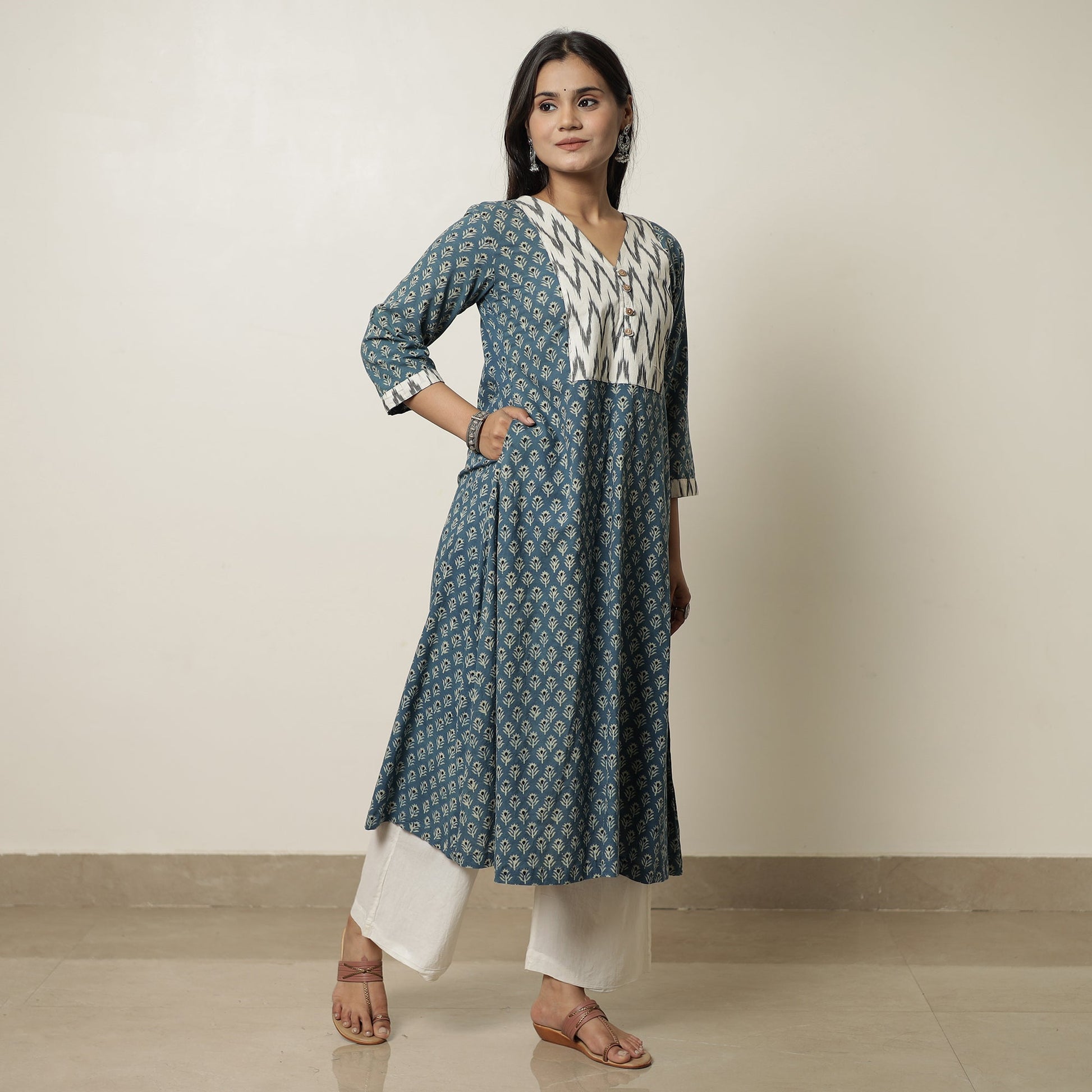 Blue - Akola Hand Block Printed Cotton A-Line Kurta 20