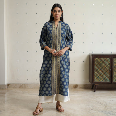 Blue - Ajrakh Block Printed Cotton Straight Kurta with Patch 46