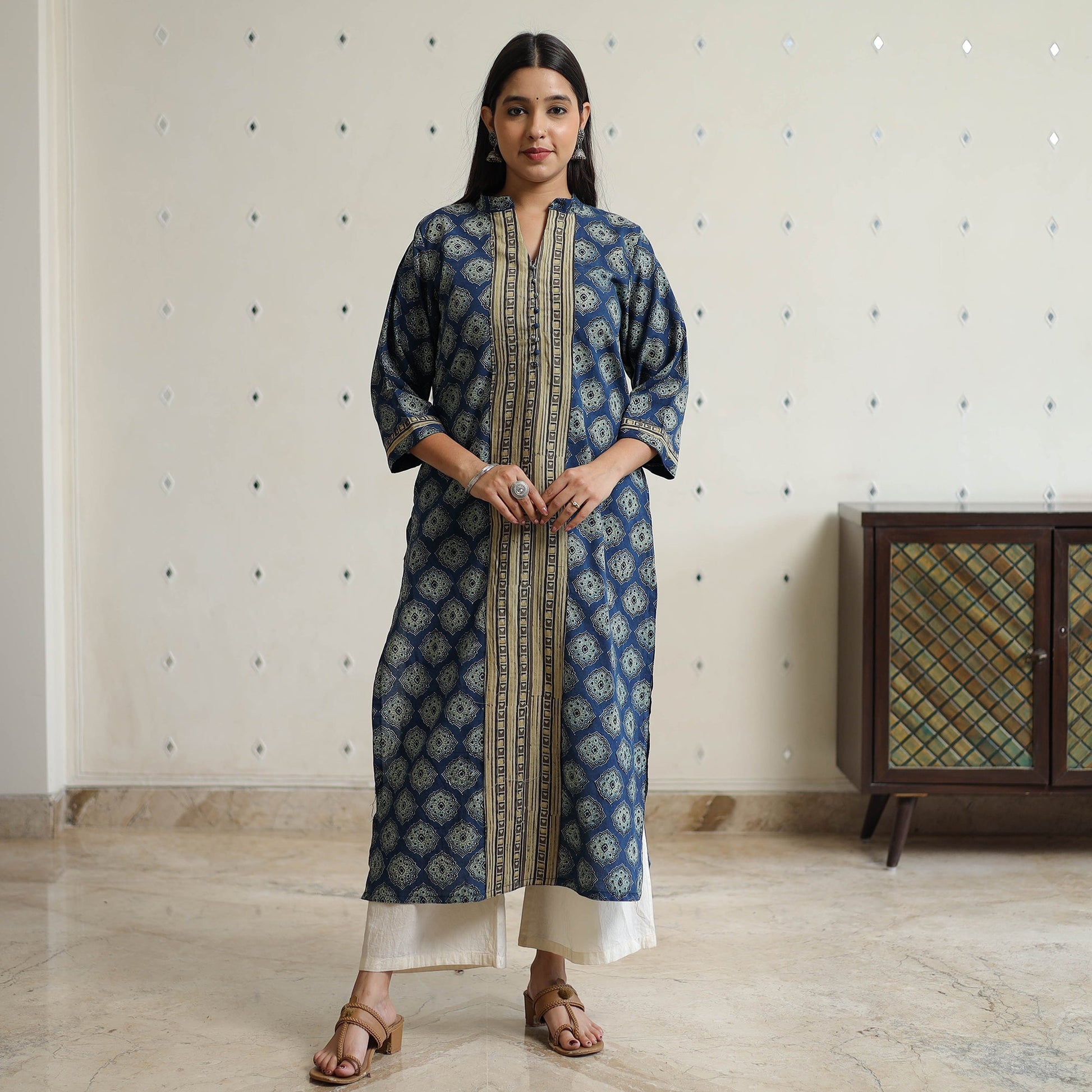 Blue - Ajrakh Block Printed Cotton Straight Kurta with Patch 46