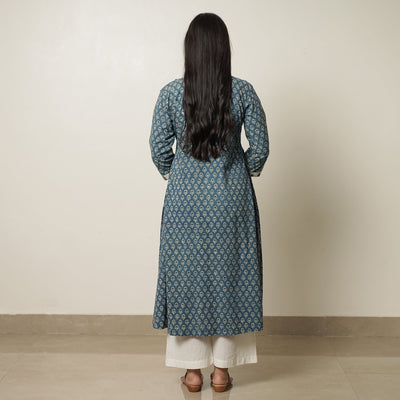 Blue - Akola Hand Block Printed Cotton A-Line Kurta 20