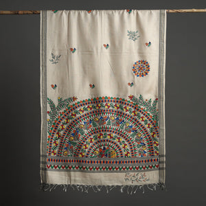 Beige - Madhubani Handpainted Tussar Cotton Handloom Dupatta 18