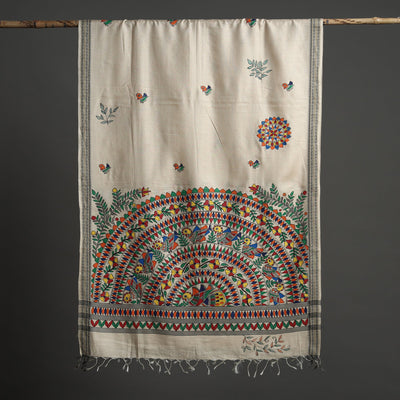 Beige - Madhubani Handpainted Tussar Cotton Handloom Dupatta 18