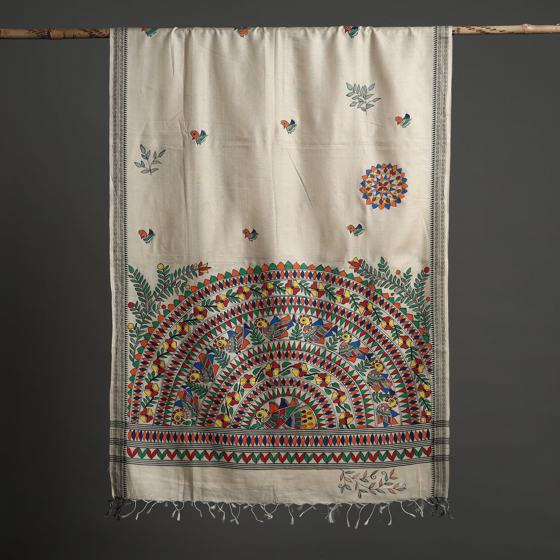 Beige - Madhubani Handpainted Tussar Cotton Handloom Dupatta 18