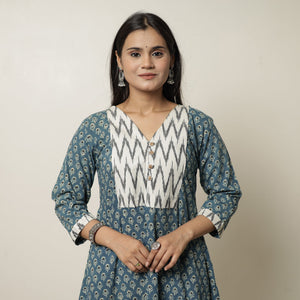 Blue - Akola Hand Block Printed Cotton A-Line Kurta 20
