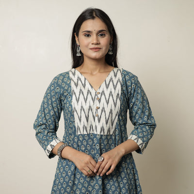 Blue - Akola Hand Block Printed Cotton A-Line Kurta 20