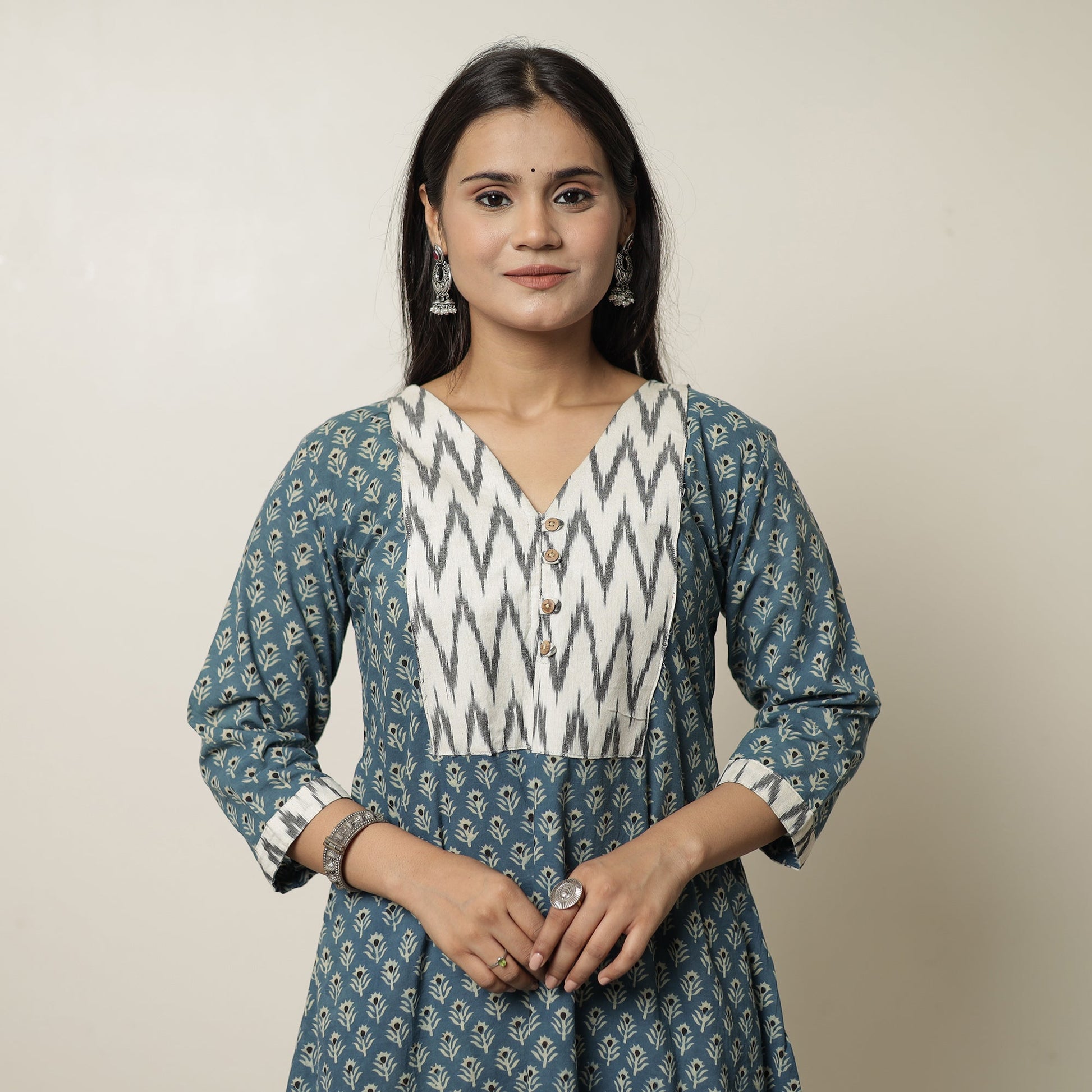 Blue - Akola Hand Block Printed Cotton A-Line Kurta 20