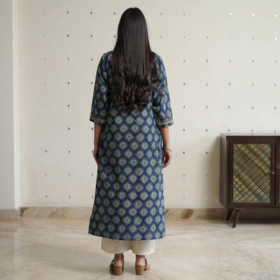 Blue - Ajrakh Block Printed Cotton Straight Kurta with Patch 46