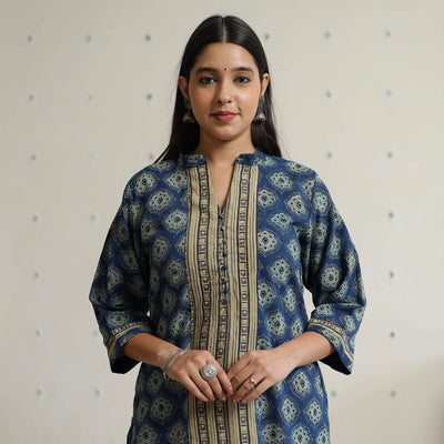 Blue - Ajrakh Block Printed Cotton Straight Kurta with Patch 46