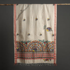 Beige - Madhubani Handpainted Tussar Cotton Handloom Dupatta 16