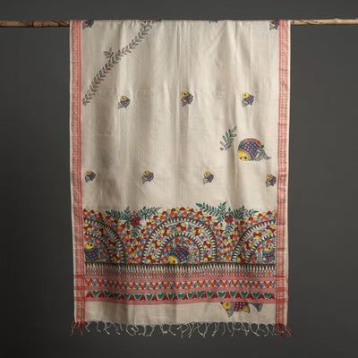 Beige - Madhubani Handpainted Tussar Cotton Handloom Dupatta 16
