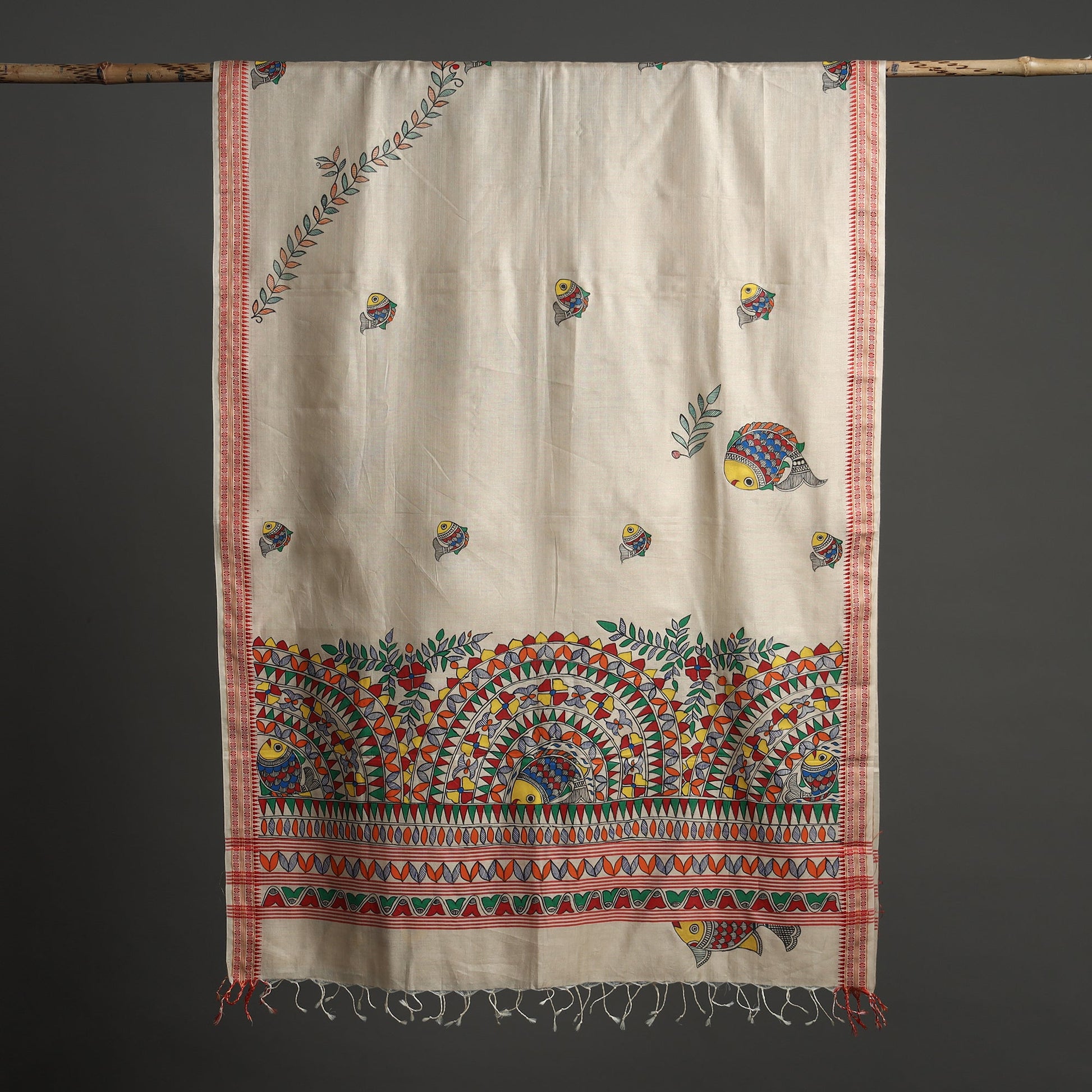 Beige - Madhubani Handpainted Tussar Cotton Handloom Dupatta 16