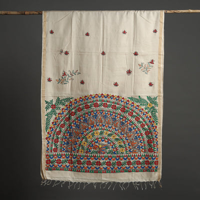 Beige - Madhubani Handpainted Tussar Silk Handloom Dupatta 15