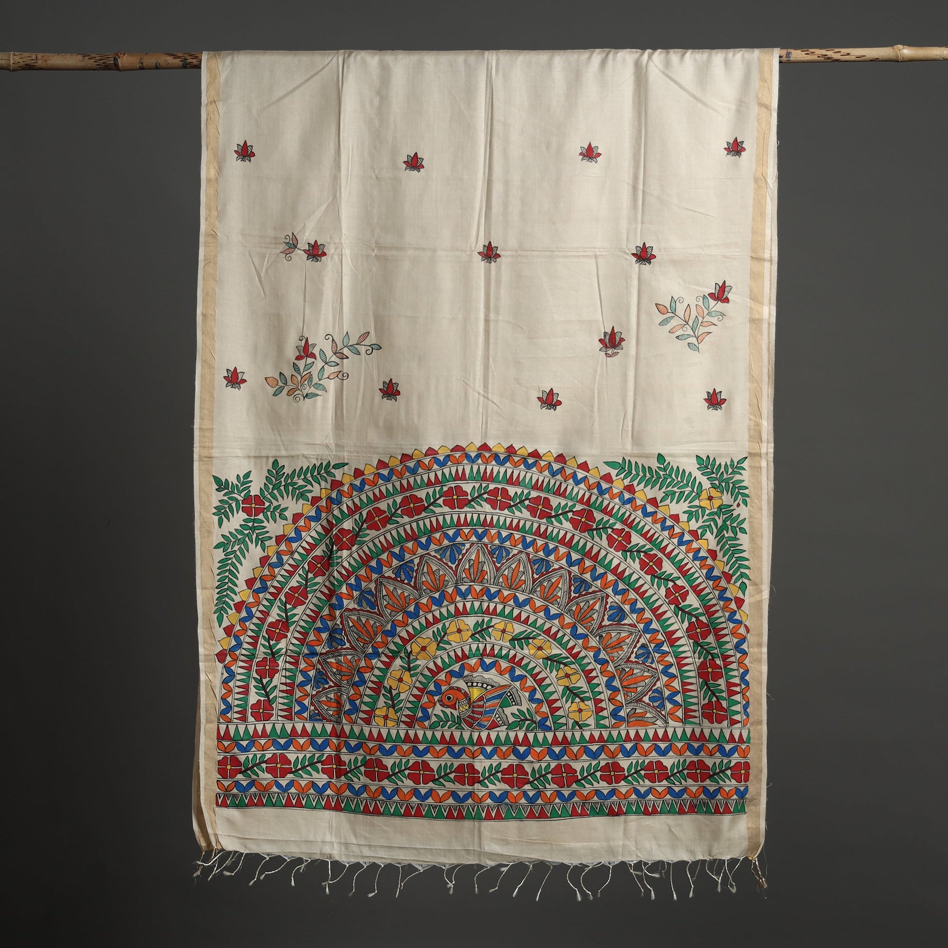 Beige - Madhubani Handpainted Tussar Silk Handloom Dupatta 15