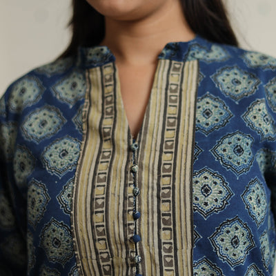 Blue - Ajrakh Block Printed Cotton Straight Kurta with Patch 46
