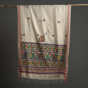 Beige - Madhubani Handpainted Tussar Cotton Handloom Dupatta 14