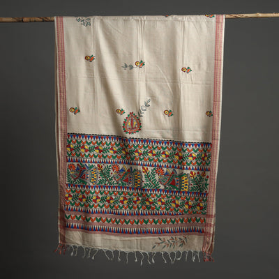 Beige - Madhubani Handpainted Tussar Cotton Handloom Dupatta 14