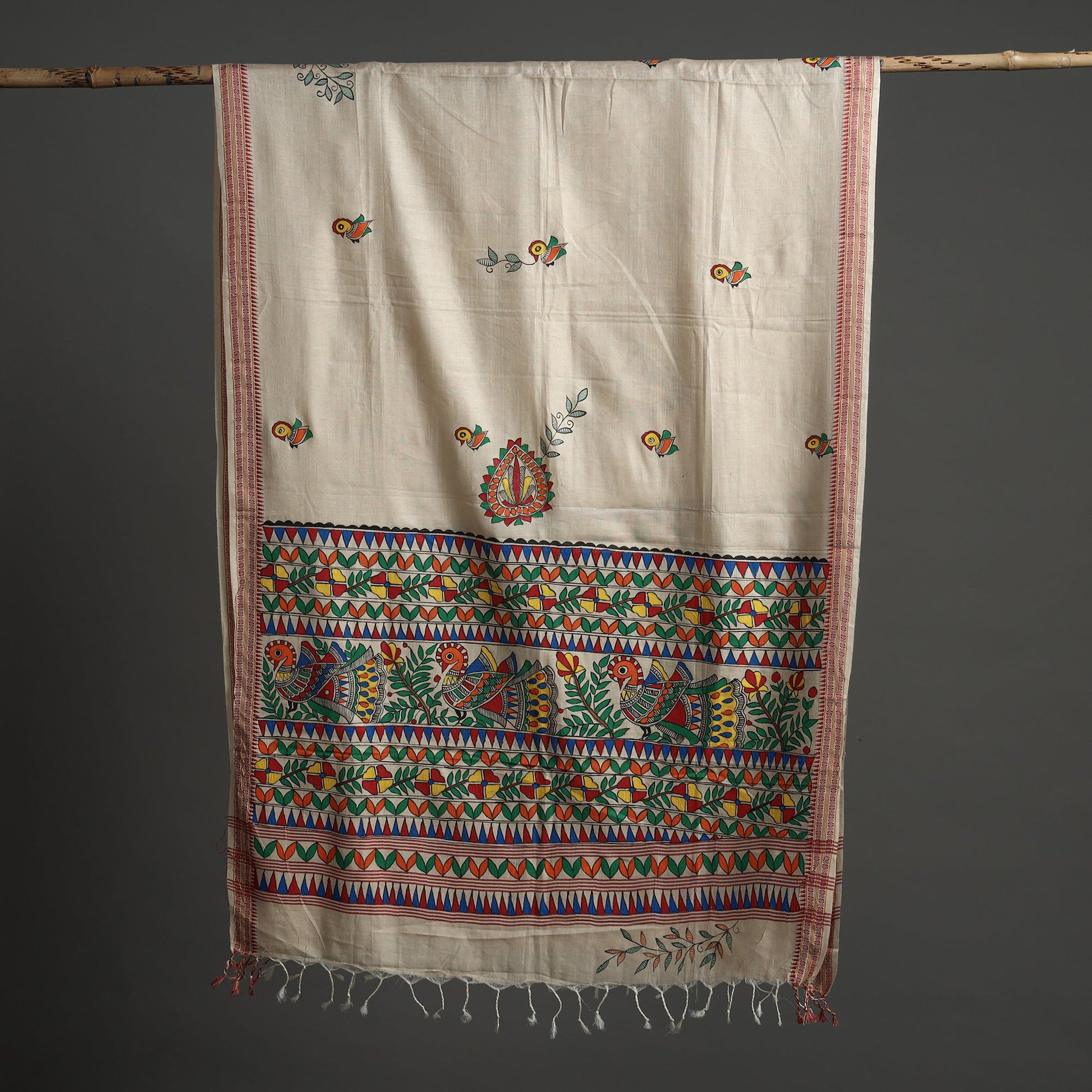 Beige - Madhubani Handpainted Tussar Cotton Handloom Dupatta 14