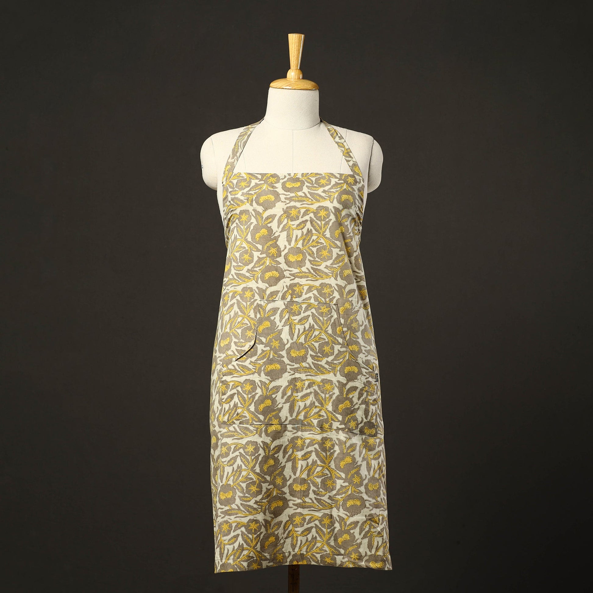 Beige - Bagru Block Print Cotton Apron with Pocket 19