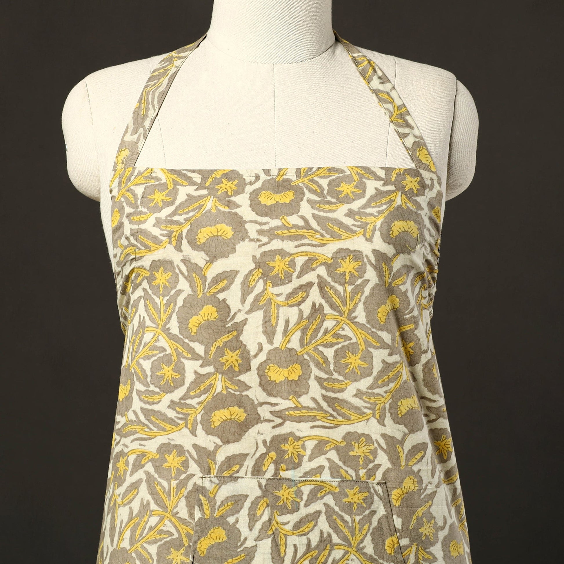 Beige - Bagru Block Print Cotton Apron with Pocket 19
