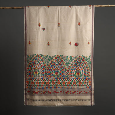 Beige - Madhubani Handpainted Tussar Cotton Handloom Dupatta 12