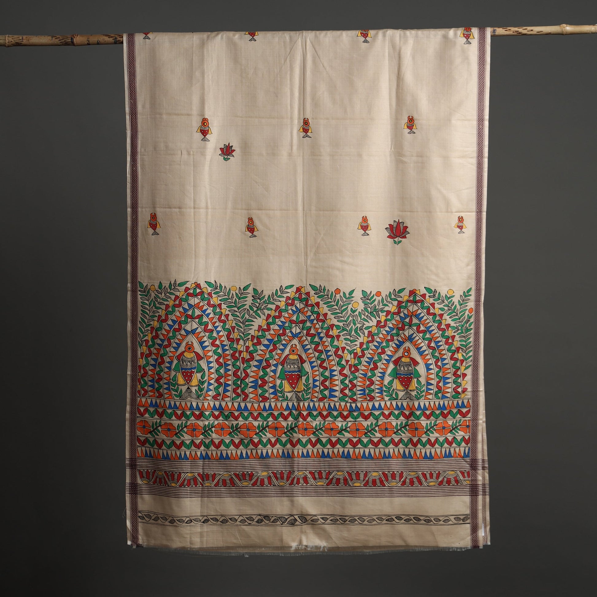 Beige - Madhubani Handpainted Tussar Cotton Handloom Dupatta 12