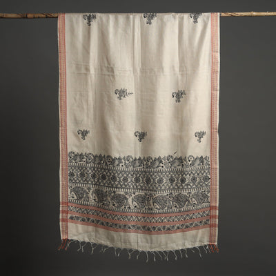Beige - Madhubani Handpainted Tussar Cotton Handloom Dupatta 11