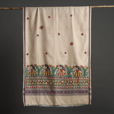 Beige - Madhubani Handpainted Tussar Cotton Handloom Dupatta 09