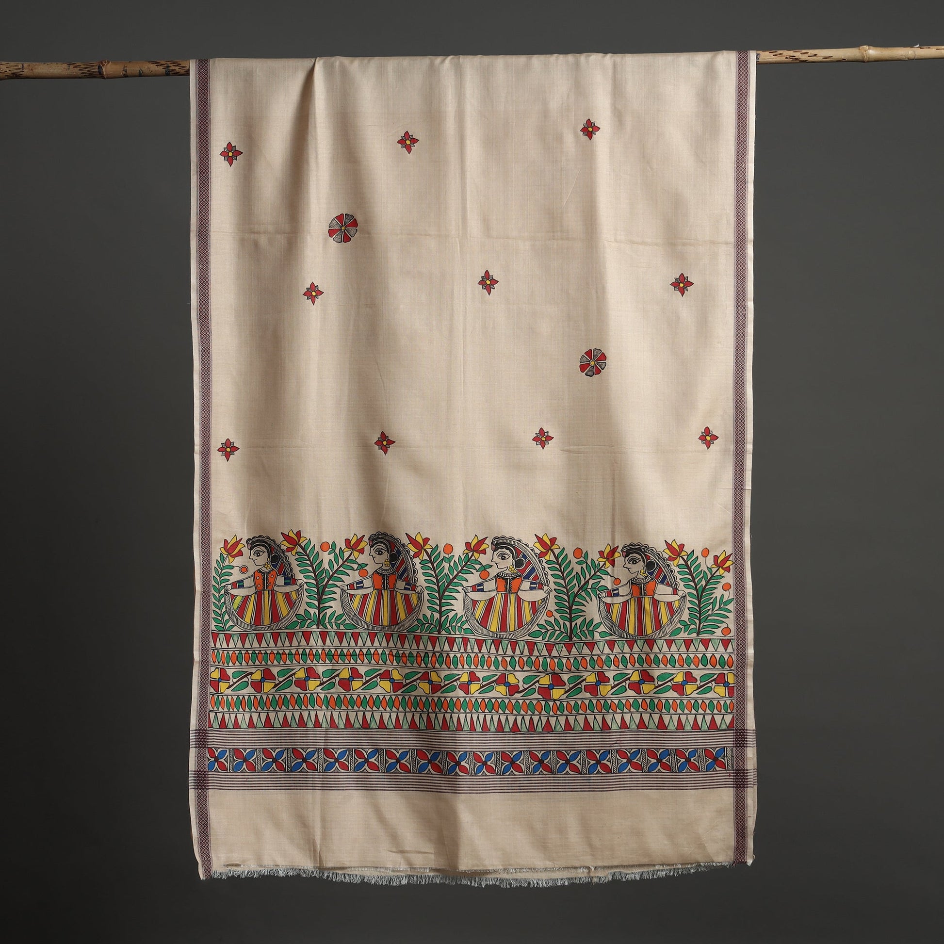 Beige - Madhubani Handpainted Tussar Cotton Handloom Dupatta 09