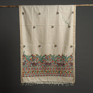 Beige - Handpainted Tussar Cotton Handloom Madhubani Dupatta 08