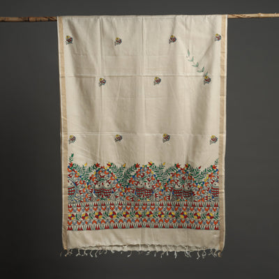Beige - Handpainted Tussar Cotton Handloom Madhubani Dupatta 08