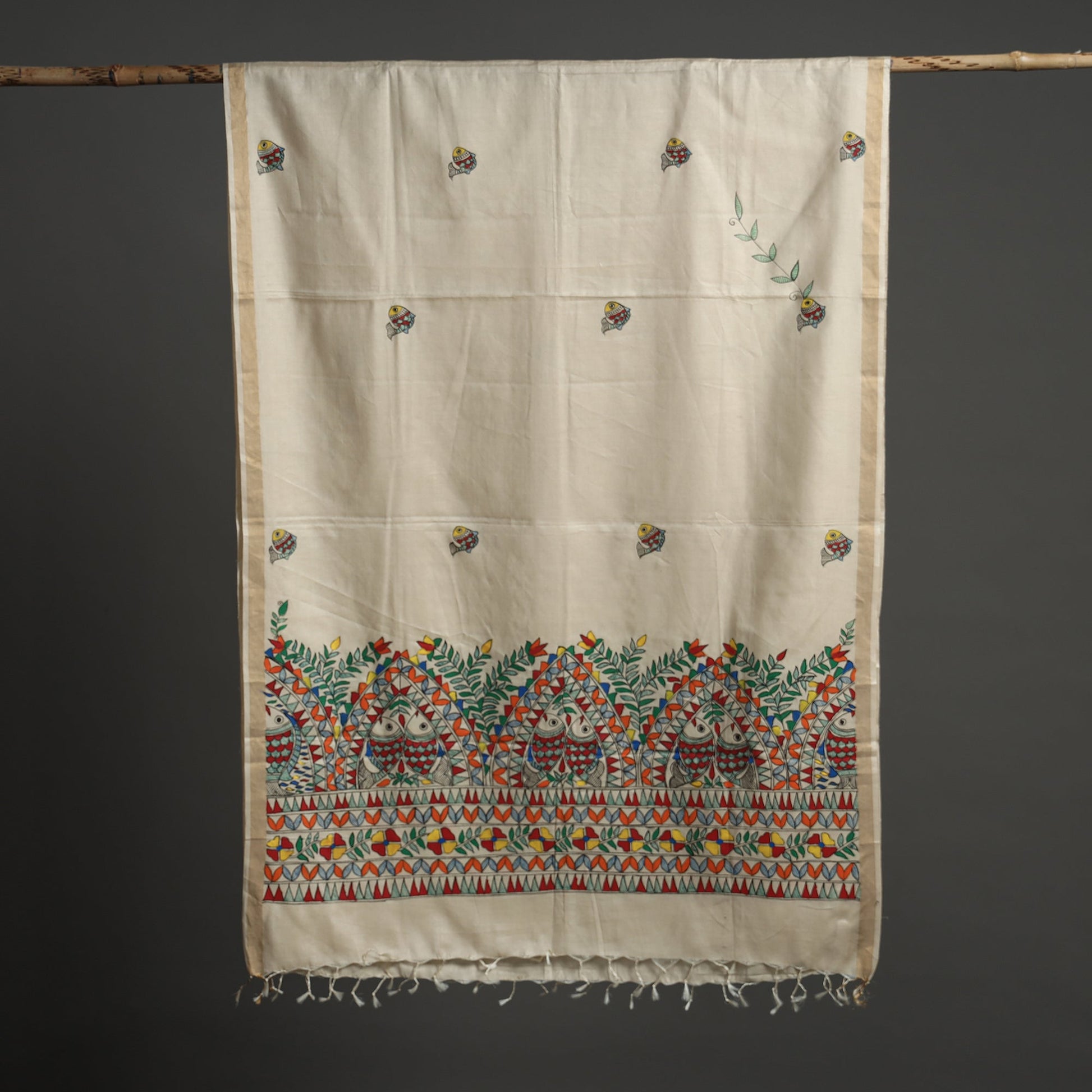 Beige - Handpainted Tussar Cotton Handloom Madhubani Dupatta 08