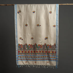 Beige - Madhubani Handpainted Tussar Cotton Handloom Dupatta 07